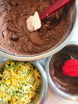 Batter, grated courgette & melted chocolate