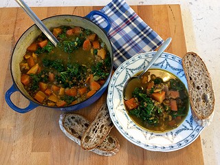 Spiced winter root veg & kale soup